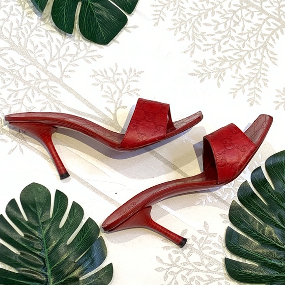 Gucci Shoes - Gucci Red Leather Monogram Slide Size 7.